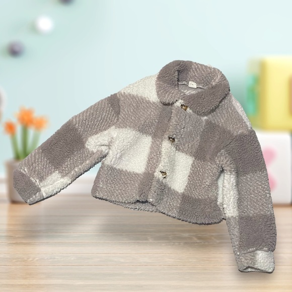 SHEIN Plaid Gray-White cropped Girls Jacket| kids 5-6 Y Comfy Teddy soft Roblox - Picture 1 of 4